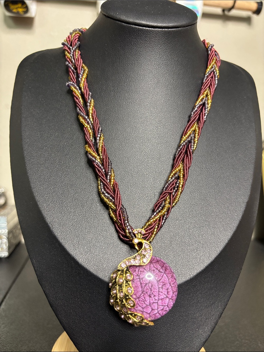 Vintage Peacock Rhinestone Glass Beaded Braided Purple Pendant Necklace